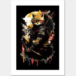 Samurai Cat Watercolor Painting Posters and Art